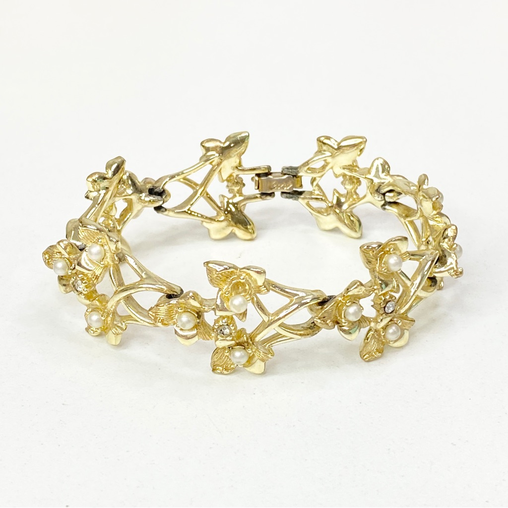 Vintage 40s Coro Leaf Gold Tone Link Bracelet - Pearl And Rhinestone Accents 16$
